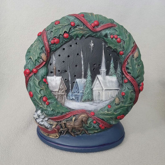 Vintage 90's Lighted Ceramic Lamp Church Snow Scene Wreath Mold - Picture 12 of 14
